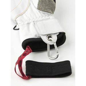 Hestra white leather glove cuff with carabiner and wrist strap