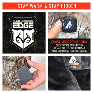 ActionHeat apparel features Realtree Edge camo, Ghost-Mode button, battery pack, and fleece lining