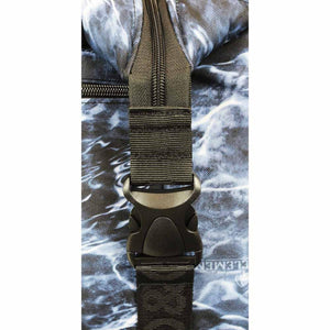 Close up of black plastic buckle and nylon strap on blue and white patterned backpack