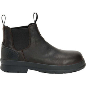 Muck brown leather Chelsea boot with black rubber sole and pull tabs