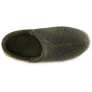 Acorn olive green plaid slipper with fleece lining viewed from above