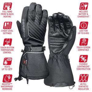 Gerbing heated gloves with feature icons highlighting battery life, waterproof membrane, and touch screen compatibility