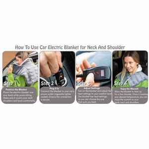 Four step instructional guide on using a car electric blanket for neck and shoulder warmth