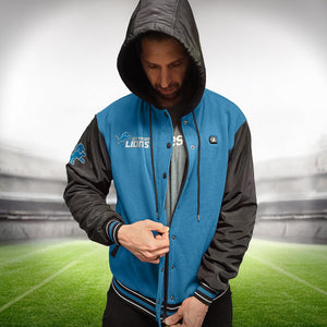 Man wearing a blue and black Detroit Lions hooded varsity jacket