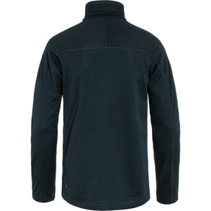 Back view of a dark blue FjallRaven fleece jacket with a high collar