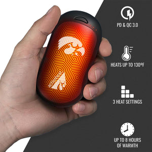ActionHeat hand warmer with Iowa Hawkeyes logo featuring three heat settings and eight hour battery life