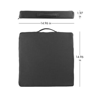 Square dark grey seat cushion with handle showing dimensions of 14.96 inches by 14.96 inches by 1.97 inches
