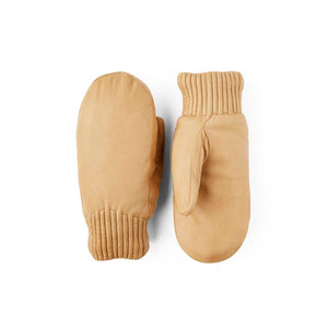 Hestra tan leather mittens with ribbed cuffs