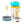 Portable stainless steel coffee press with blue lid yellow handle and separate filter assembly with coffee beans