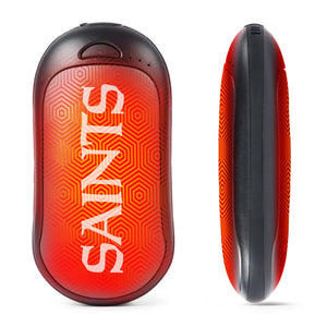 ActionHeat Saints branded rechargeable hand warmer with red and black geometric pattern