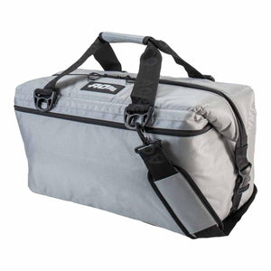 AO Coolers silver soft cooler bag with black straps and zipper