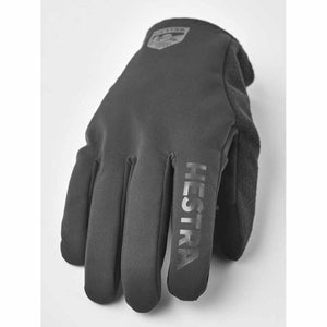 Hestra black softshell glove with logo on the back of the hand