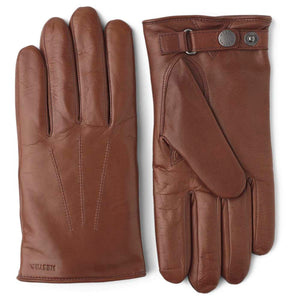 Hestra brown leather gloves with snap button closure