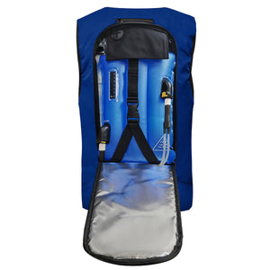 AlphaCool blue cooling vest with internal liquid bladder and hose system