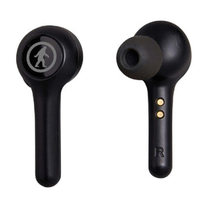 Pair of black wireless earbuds with Bigfoot logo