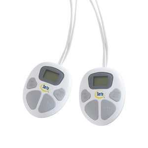 Two white Serta digital controllers with LCD screens and buttons for heat and timer settings