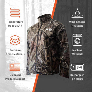 Gobi Heat camo jacket with icons showing 140 degree heat, water resistance, machine washability, and 3-4 hour recharge