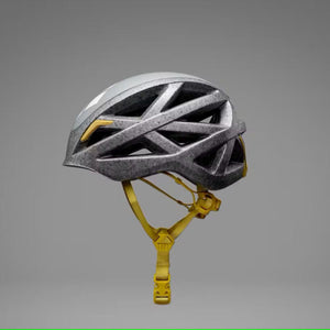Black Diamond climbing helmet with grey shell and yellow straps