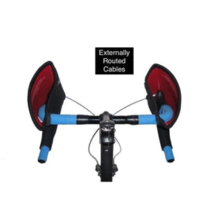 Bar Mitts handlebar covers installed on bicycle handlebars with externally routed cables