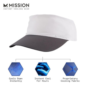 Mission white and grey cooling cap with three hexagonal diagrams showing cooling fabric technology