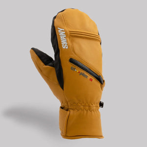 Swany tan and black leather winter mitten with zippered pocket