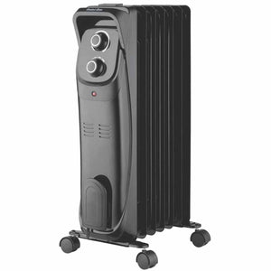 Comfort Glow black oil filled radiator heater with two control dials and caster wheels