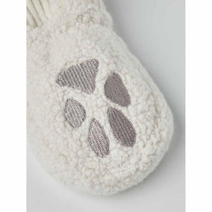 Hestra white fleece mitten with embroidered grey paw print detail