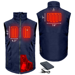 ActionHeat navy blue heated vest showing heating element placement and battery pack with charging cable