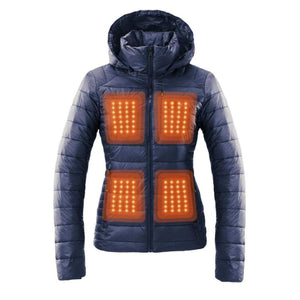Kelvin navy blue hooded puffer jacket with four glowing orange heating panels on the chest and waist
