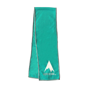 Teal Alphacool cooling towel with white mountain logo