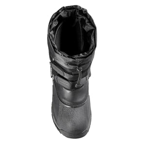 Top view of a black Baffin winter boot with a drawstring collar and strap closure