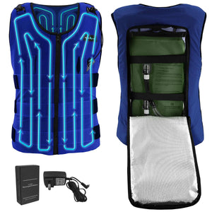 AlphaCool blue cooling vest with internal tubing, battery pack, and charger