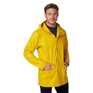 Man wearing a yellow Helly Hansen hooded rain jacket