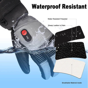 Heated glove featuring water resistant polyester sheep leather palm and breathable inner lining
