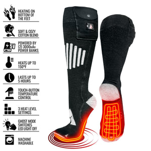 ActionHeat black heated socks with feature list including 150 degree heat and 5 hour battery life