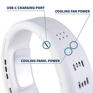 Gobi Heat neck fan showing USB-C charging port, cooling fan power, and cooling panel power buttons