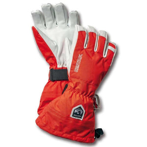 Hestra red and white leather ski gloves with adjustable wrist strap