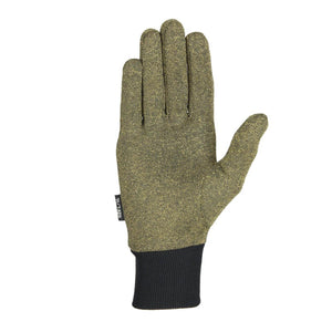 Olive green textured knit glove with black ribbed cuff and size tag