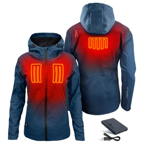 ActionHeat blue hooded jacket showing internal heating zones with battery pack and charging cable