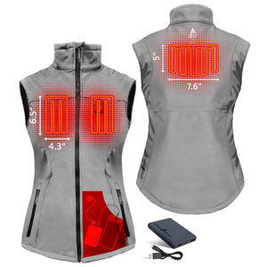 ActionHeat grey heated vest showing heating element dimensions and battery pack placement
