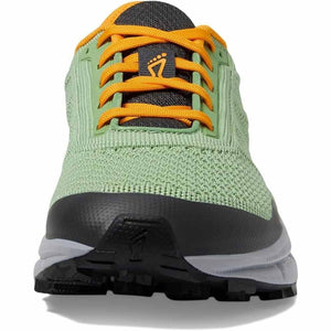 Front view of Inov-8 green trail running shoe with orange laces