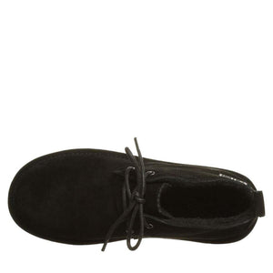 Top view of a black Bearpaw suede lace up ankle boot