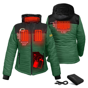 ActionHeat green heated jacket showing heating element locations and battery pack