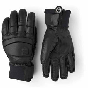 Hestra black leather ski gloves with adjustable wrist straps