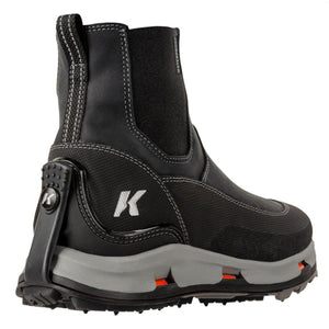 Korkers black waterproof ankle boot with grey midsole and K logo on heel