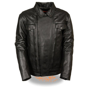 Milwaukee Leather black motorcycle jacket with chest pockets and snap collar