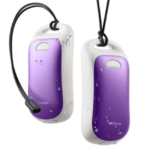 Two purple Ocoopa hand warmers with white trim and black lanyards featuring water droplets