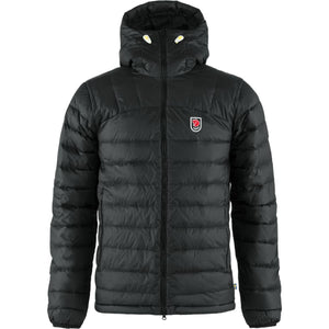 FjallRaven black hooded down jacket with front zipper and logo patch