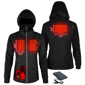 ActionHeat black hooded jacket showing internal heating element placement and dimensions with included power bank