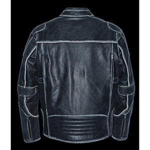 Back view of a Milwaukee Leather black distressed leather motorcycle jacket with white piping